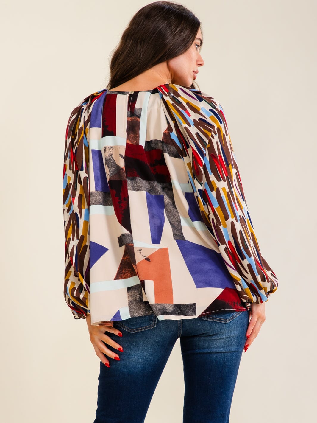 ENTRO WOMEN'S LONG BALLOON SLEEVE MULTI PRINT BLOUSE