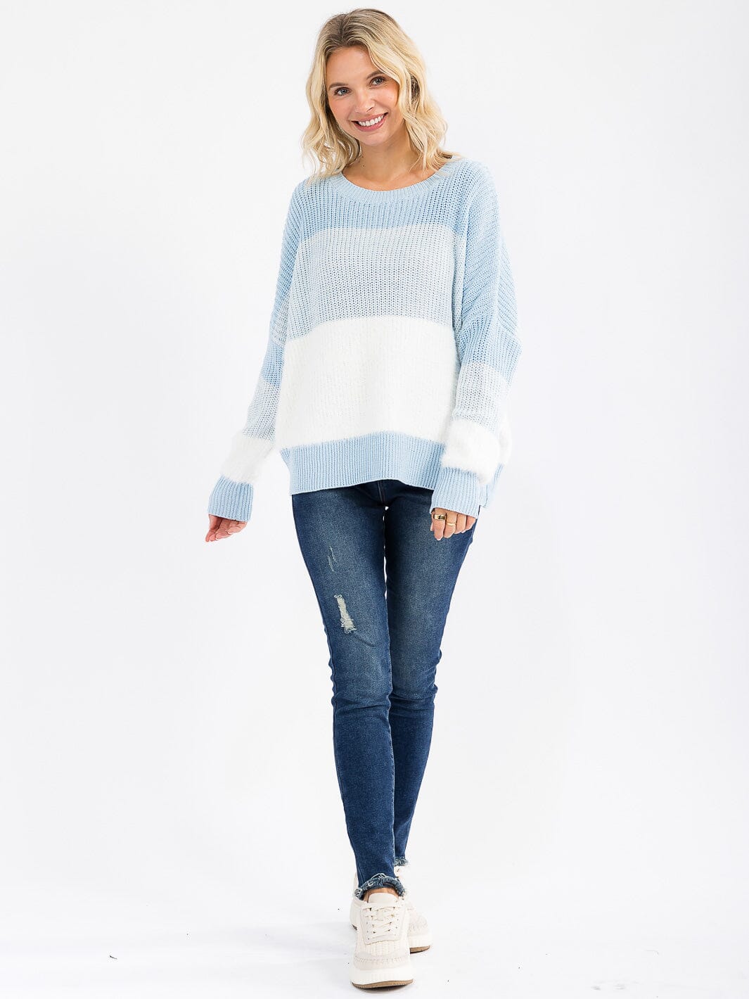 WOMEN'S LONG DETAILED SLEEVE COLORBLOCK KNIT PULLOVER SWEATER
