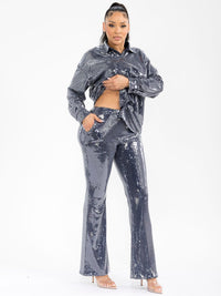 WOMEN'S LONG SLEEVE BLOUSE & WIDE LEG PANTS SEQUINS 2PC. SET