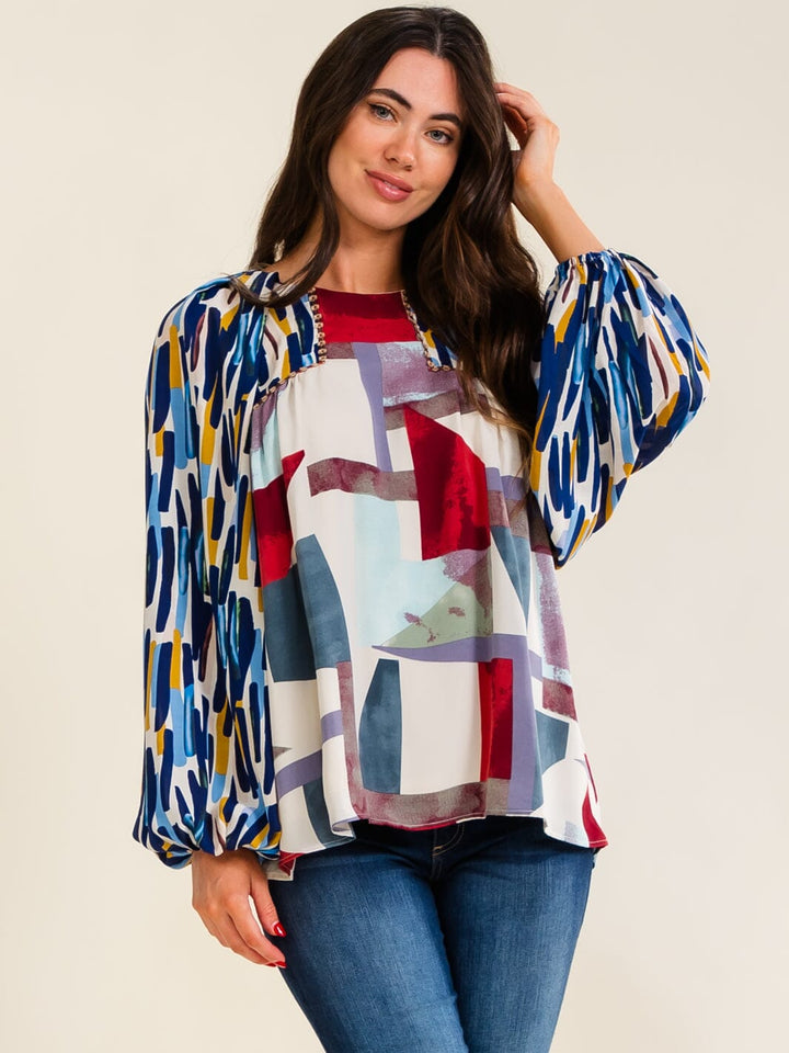 ENTRO WOMEN'S LONG BALLOON SLEEVE MULTI PRINT BLOUSE
