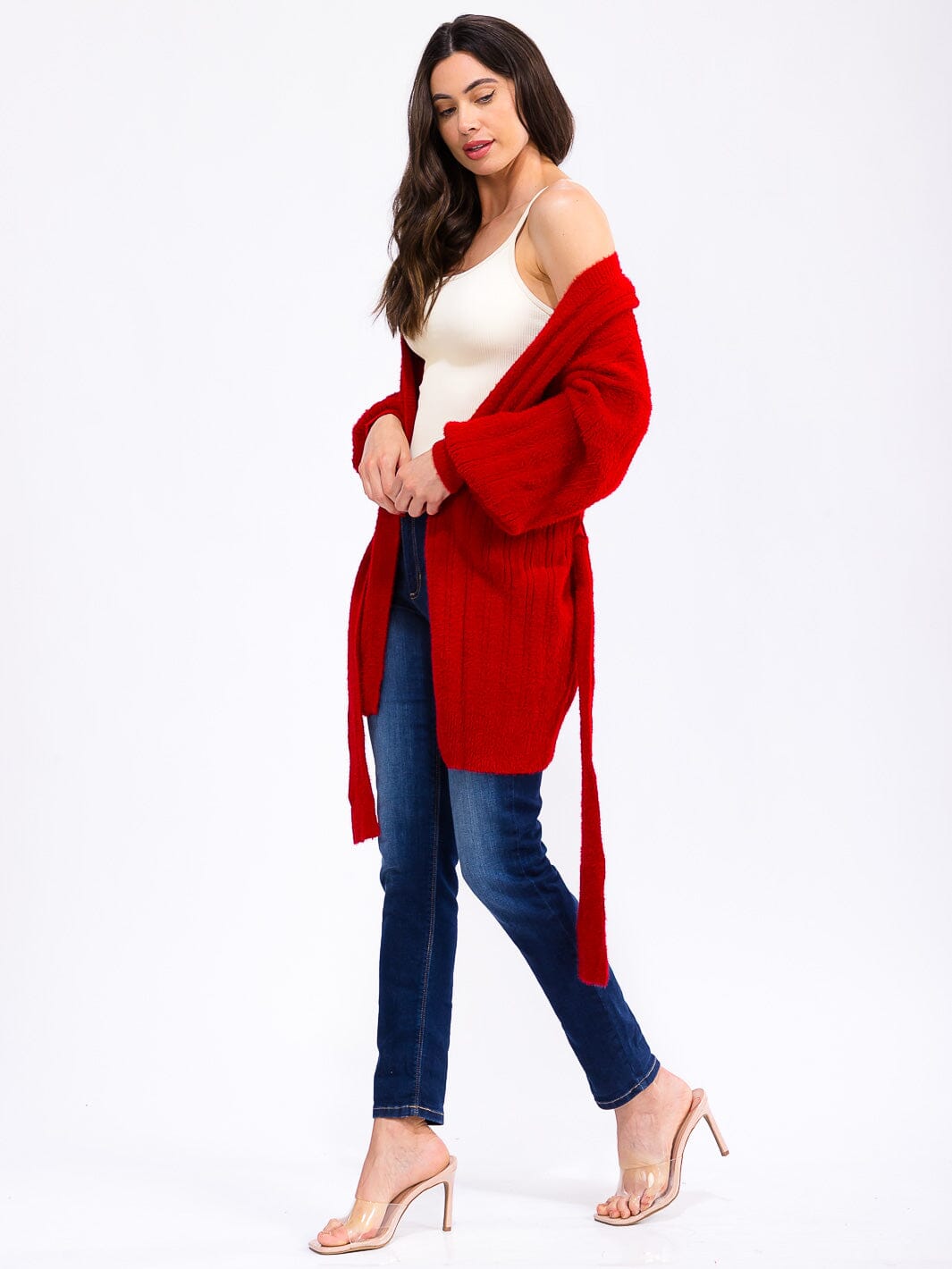WOMEN'S LONG SLEEVE OPEN FRONT SELF TIE CARDIGAN
