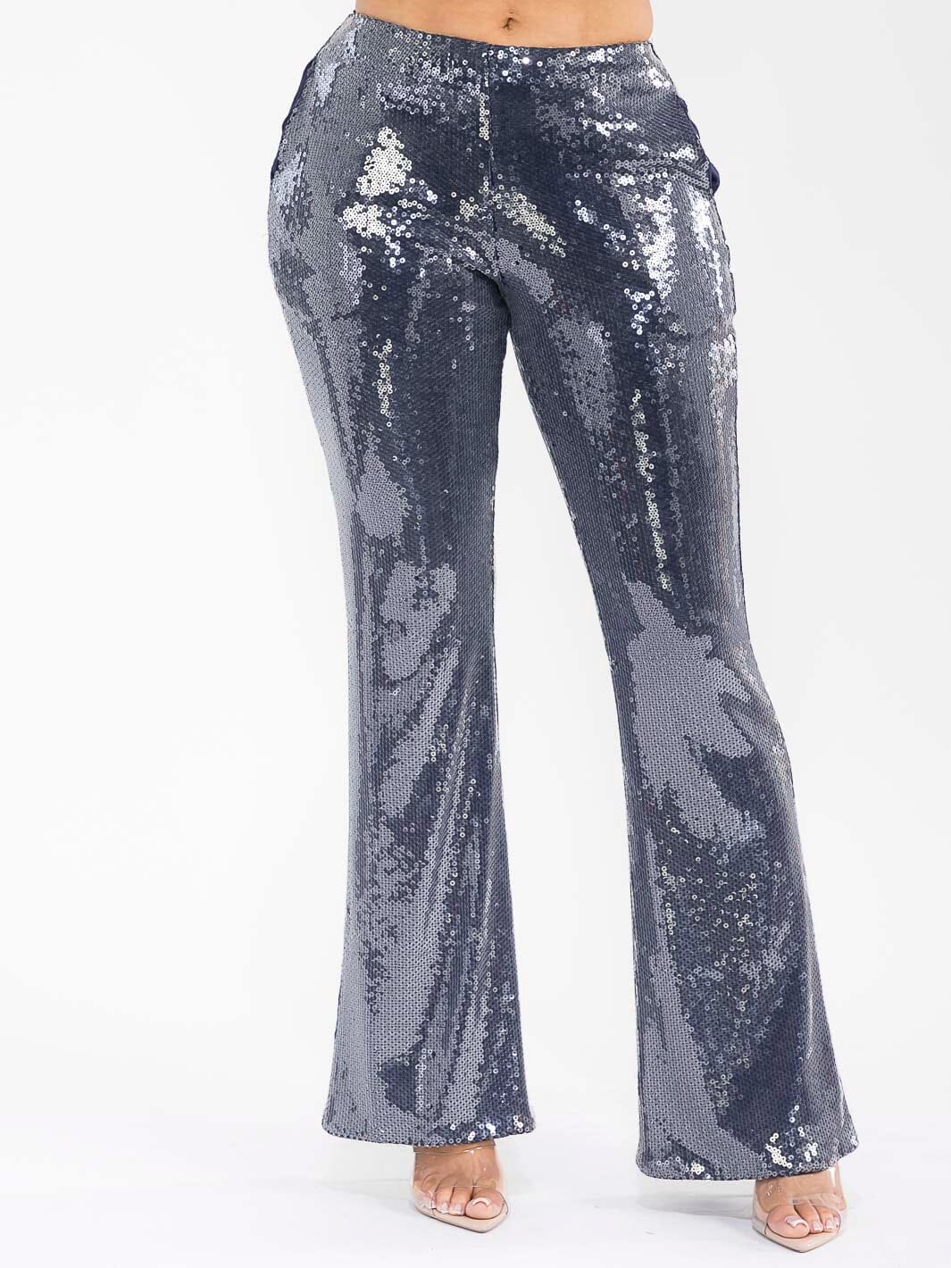 WOMEN'S ZIPPER CLOSURE FRONT POCKETS WIDE LEG SEQUINS PANTS