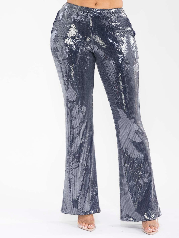 WOMEN'S ZIPPER CLOSURE FRONT POCKETS WIDE LEG SEQUINS PANTS