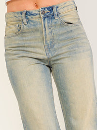 WOMEN'S BUTTON CLOSURE POCKETS STRAIGHT LEG DENIM WASHED PANTS