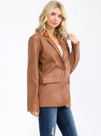 WOMEN'S LONG SLEEVE BUTTON CLOSURE PU PLEATHER BLAZER