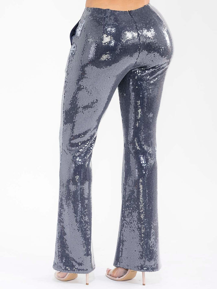 WOMEN'S ZIPPER CLOSURE FRONT POCKETS WIDE LEG SEQUINS PANTS