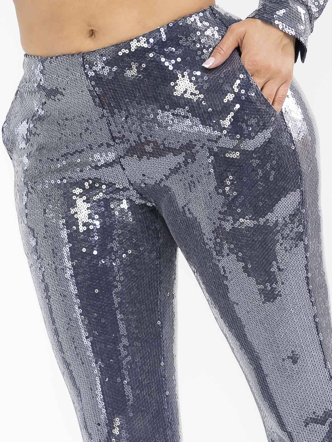 WOMEN'S ZIPPER CLOSURE FRONT POCKETS WIDE LEG SEQUINS PANTS