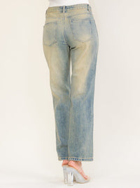 WOMEN'S BUTTON CLOSURE POCKETS STRAIGHT LEG DENIM WASHED PANTS
