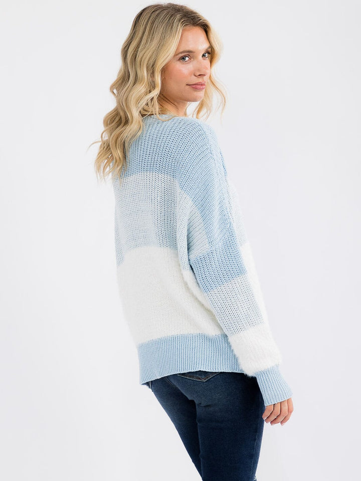 WOMEN'S LONG DETAILED SLEEVE COLORBLOCK KNIT PULLOVER SWEATER