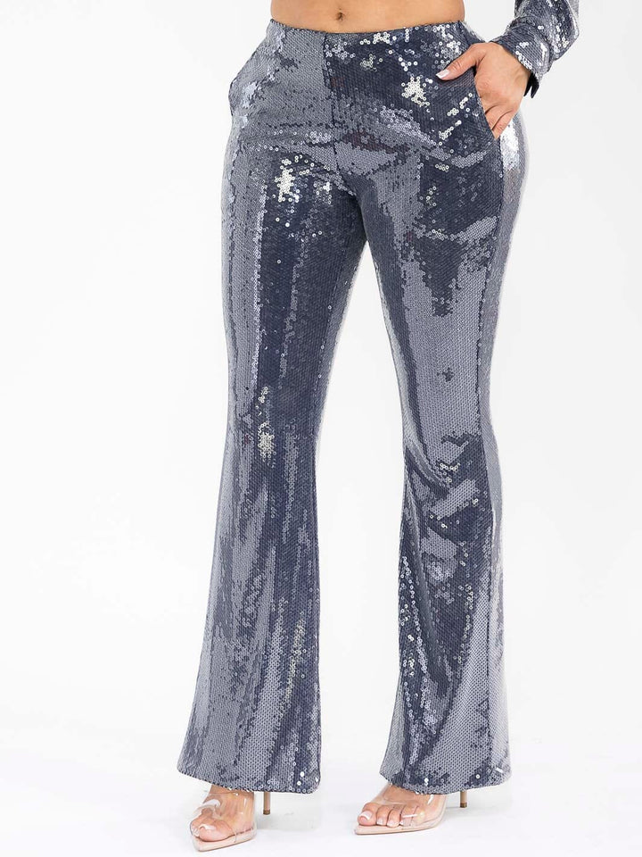 WOMEN'S ZIPPER CLOSURE FRONT POCKETS WIDE LEG SEQUINS PANTS