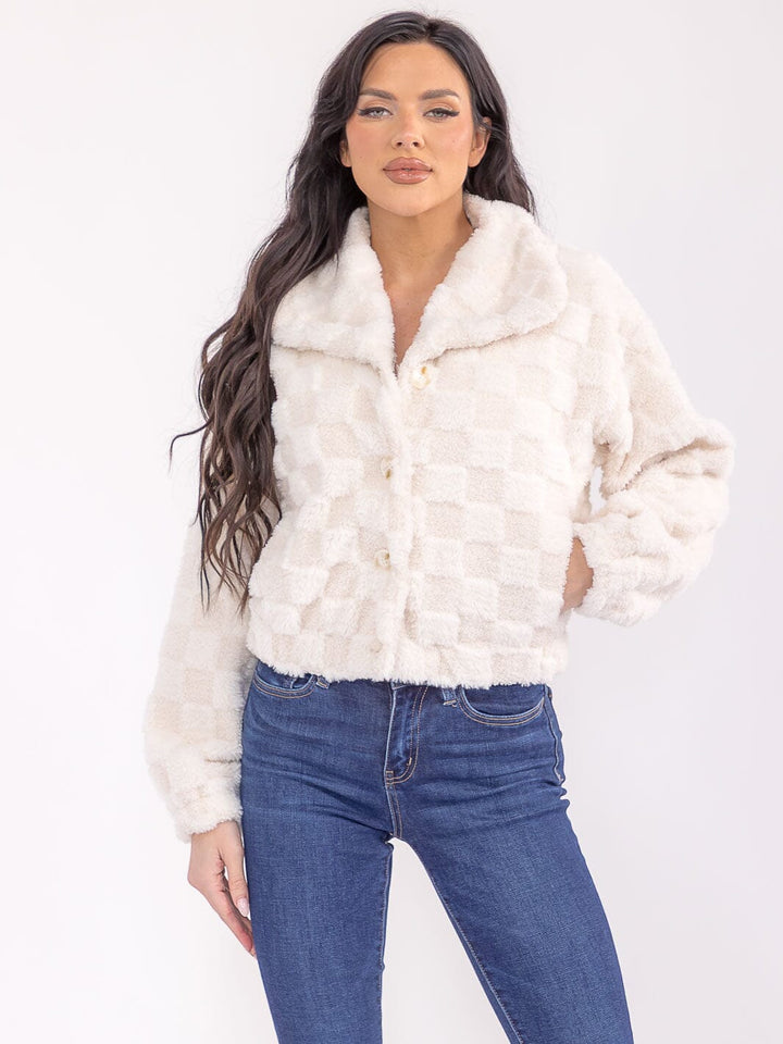 WOMEN'S LONG SLEEVE BUTTON CLOSURE POCKETS FUZZY JACKET