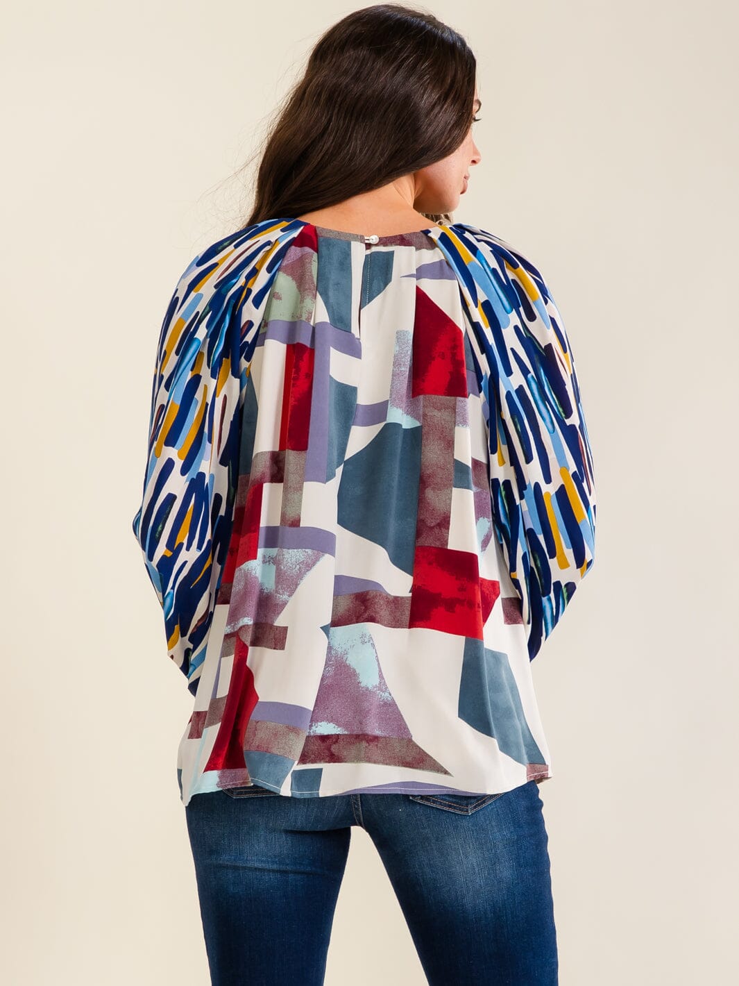 ENTRO WOMEN'S LONG BALLOON SLEEVE MULTI PRINT BLOUSE