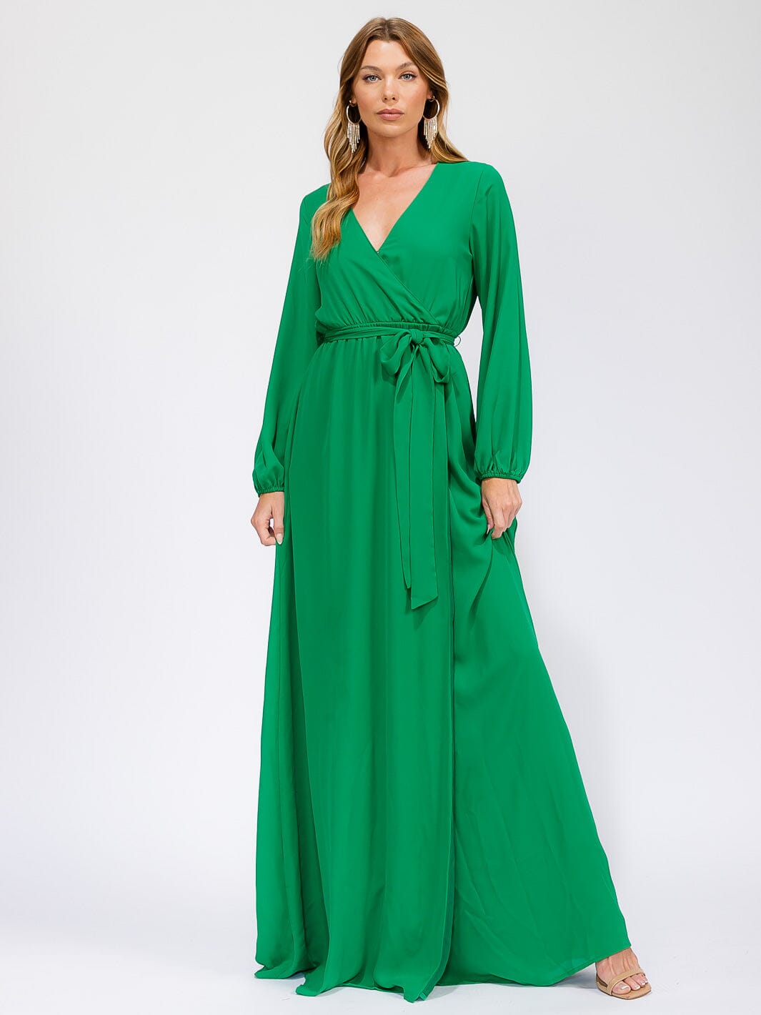 WOMEN'S LONG SLEEVE SURPLICE SELF TIE OPEN BACK MAXI GOWN DRESS