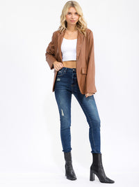 WOMEN'S LONG SLEEVE BUTTON CLOSURE PU PLEATHER BLAZER