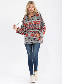 WOMEN'S LONG SLEEVE ZIP UP FRONT POCKETS MULTI PRINT HOODED PULLOVER SWEATER
