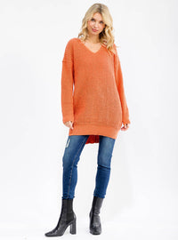 WOMEN'S LONG SLEEVE V-NECK KNIT OVERSIZED PULLOVER SWEATER