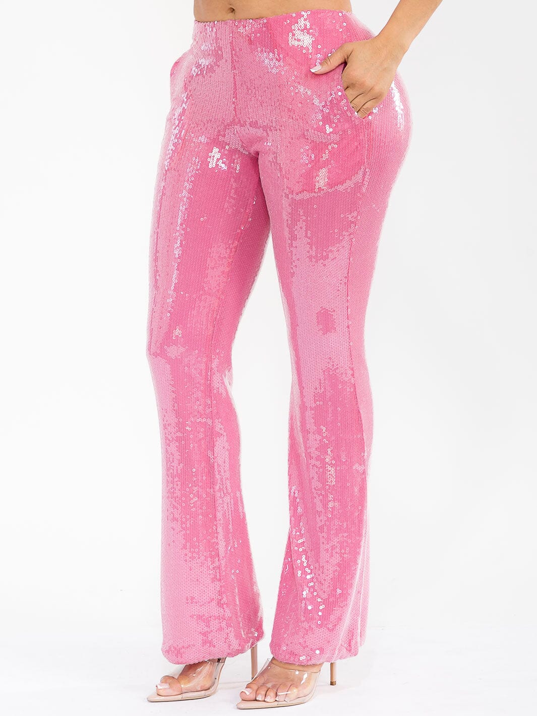 WOMEN'S ZIPPER CLOSURE FRONT POCKETS WIDE LEG SEQUINS PANTS