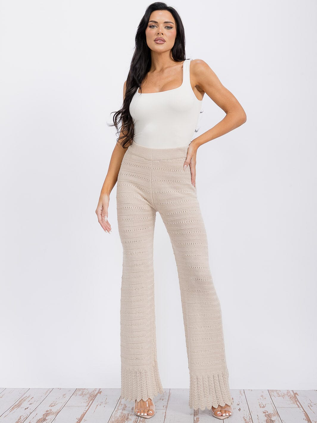 WOMEN'S ELASTIC WAIST WIDE LEG KNIT PANTS