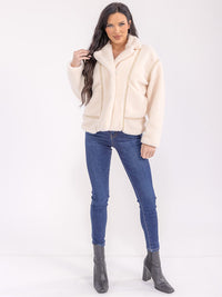 WOMEN'S LONG SLEEVE BUTTON CLOSURE FRONT POCKETS SHERPA JACKET