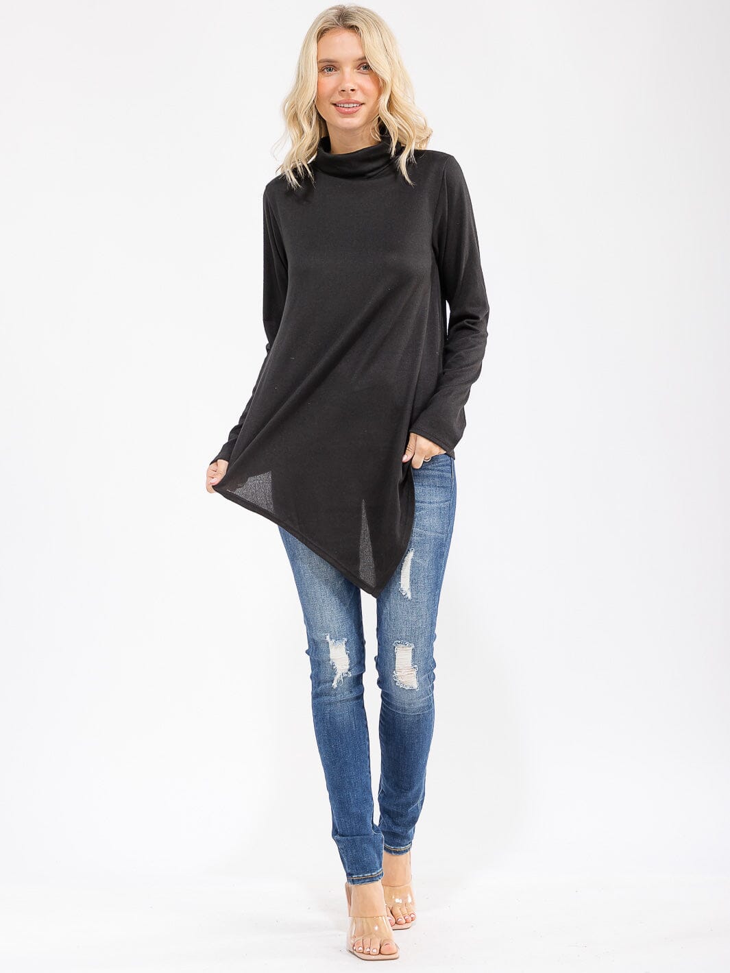 WOMEN'S LONG SLEEVE TURTLE NECK HIGH-LOW TOP