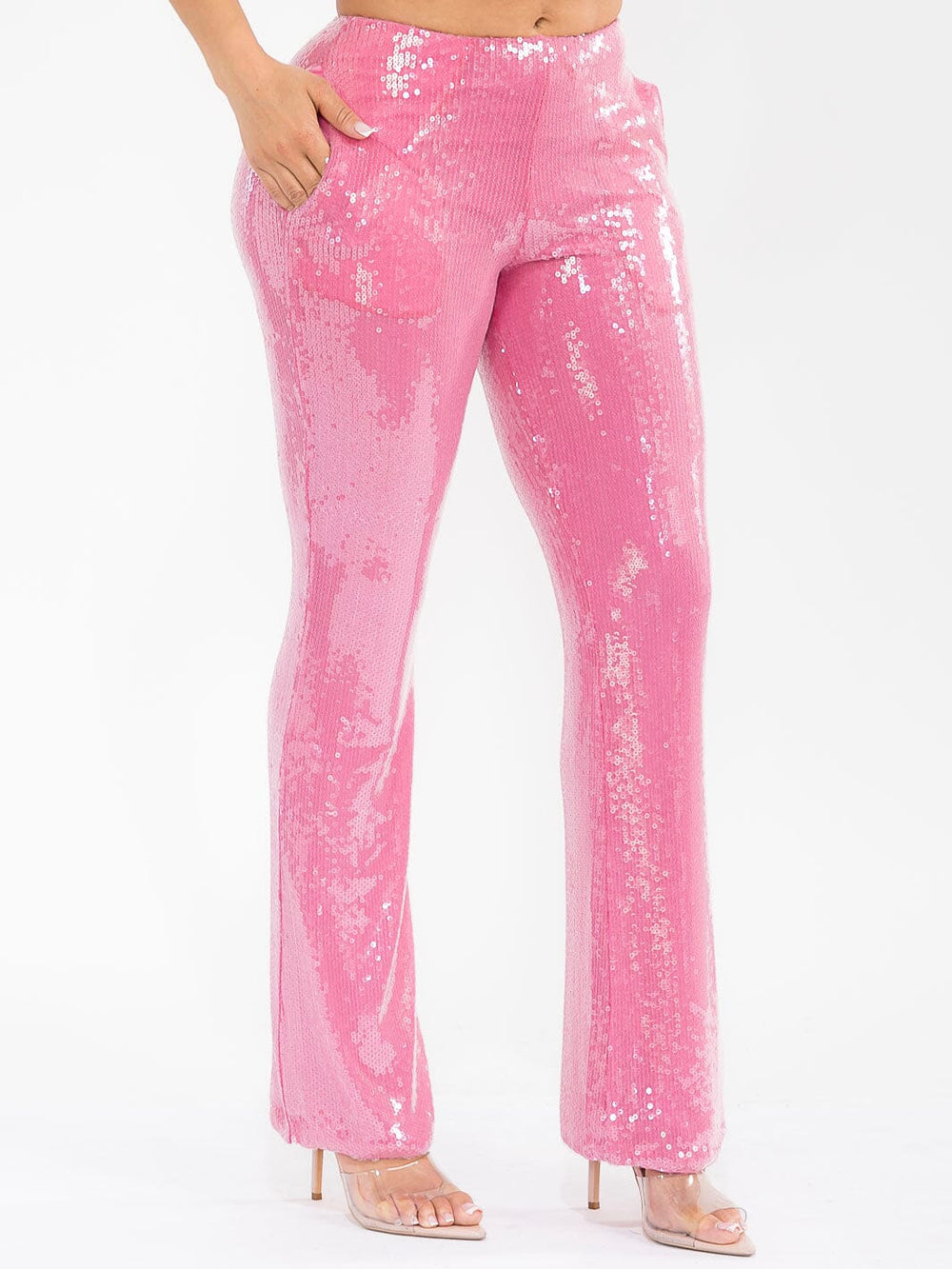 WOMEN'S ZIPPER CLOSURE FRONT POCKETS WIDE LEG SEQUINS PANTS