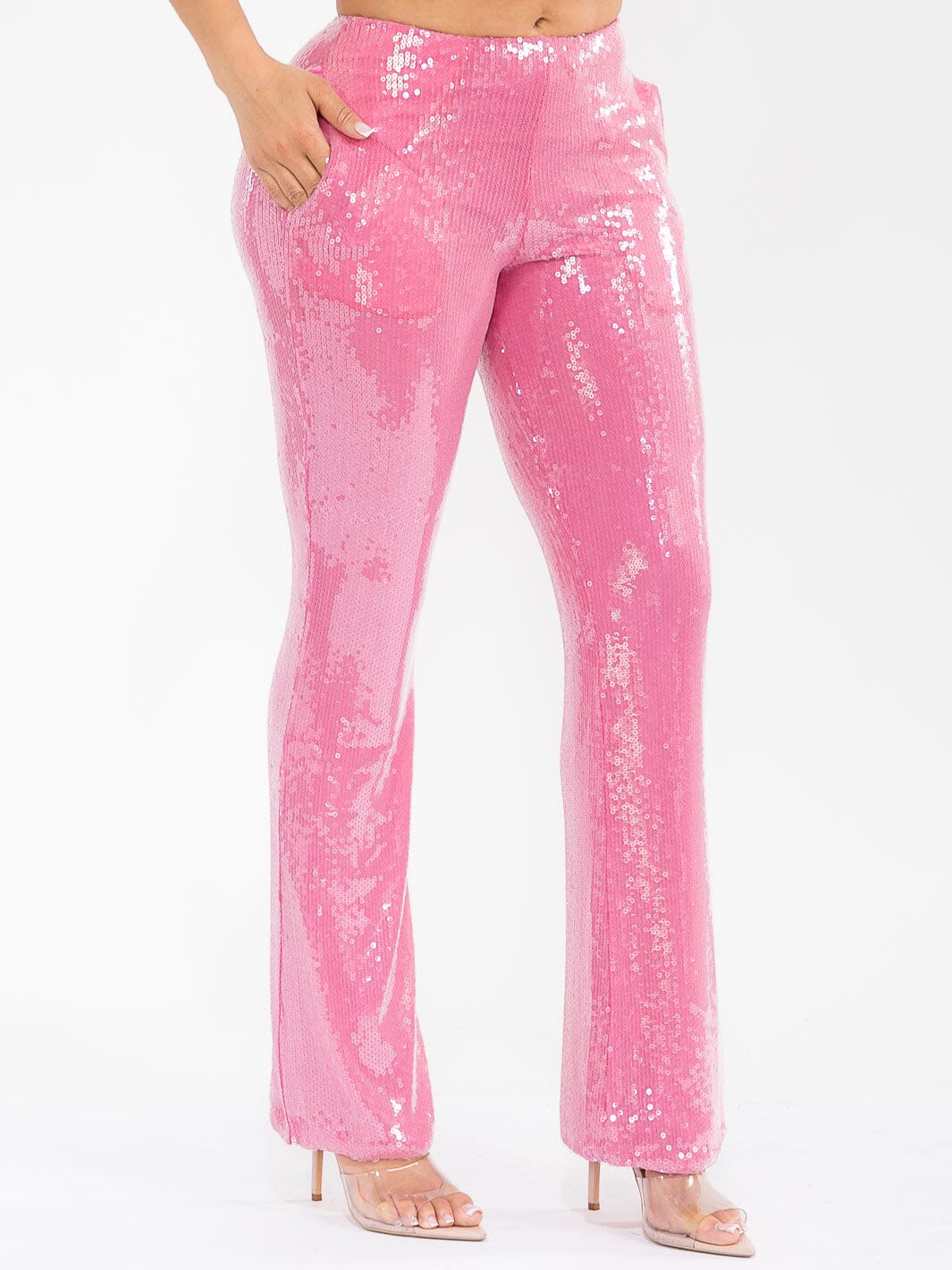 WOMEN'S ZIPPER CLOSURE FRONT POCKETS WIDE LEG SEQUINS PANTS