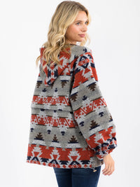 WOMEN'S LONG SLEEVE ZIP UP FRONT POCKETS MULTI PRINT HOODED PULLOVER SWEATER