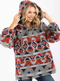 WOMEN'S LONG SLEEVE ZIP UP FRONT POCKETS MULTI PRINT HOODED PULLOVER SWEATER