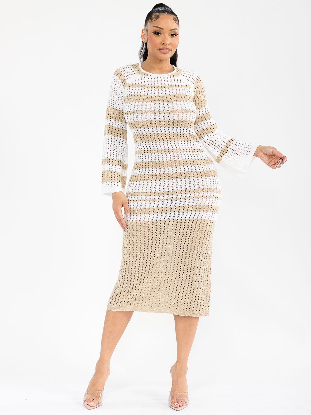 WOMEN'S LONG BELL SLEEVE OPEN BACK KNIT BODYCON MIDI DRESS