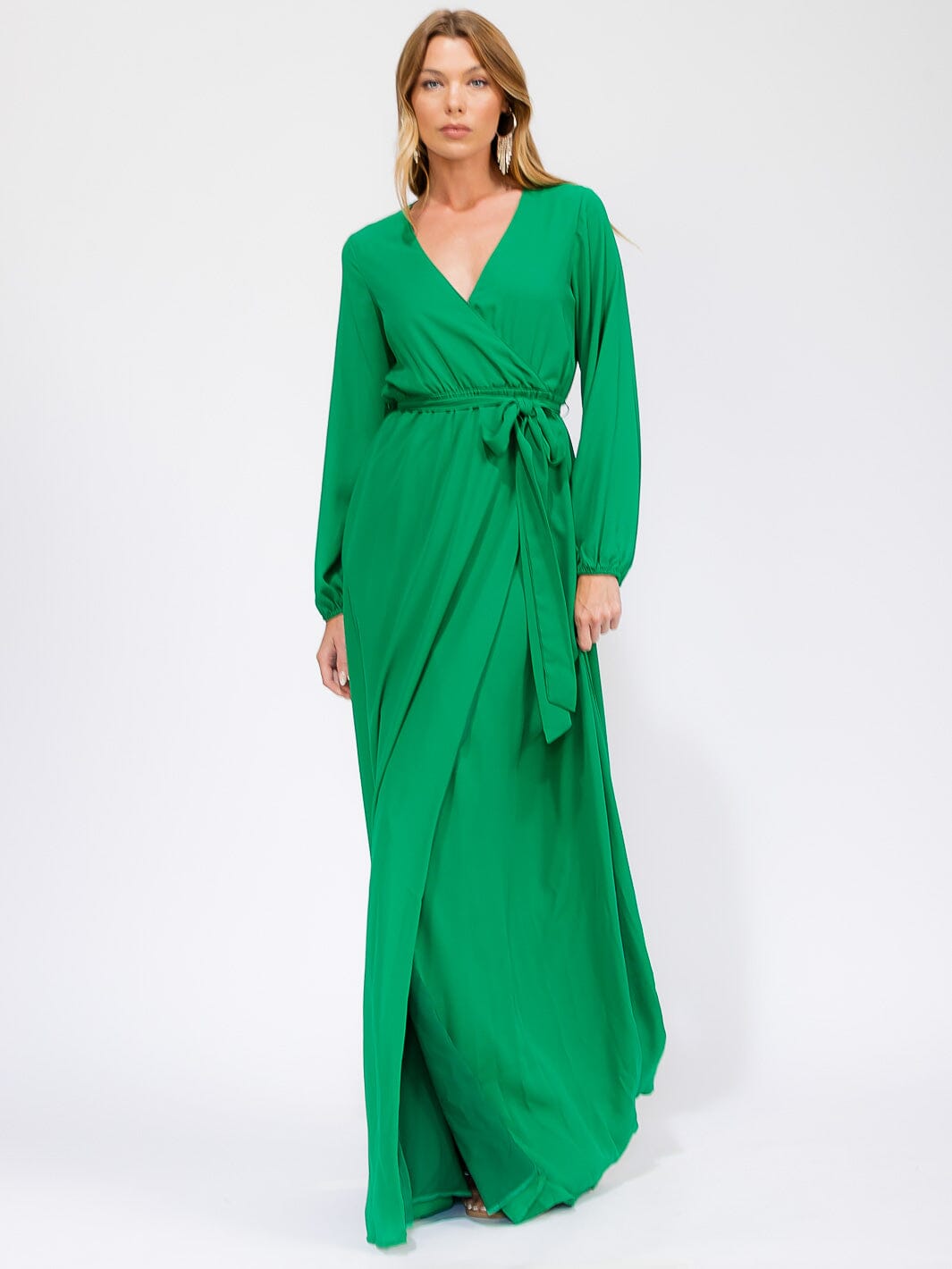 WOMEN'S LONG SLEEVE SURPLICE SELF TIE OPEN BACK MAXI GOWN DRESS