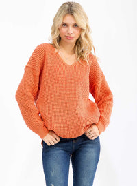 WOMEN'S LONG SLEEVE V-NECK KNIT OVERSIZED PULLOVER SWEATER