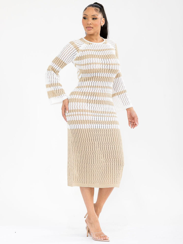 WOMEN'S LONG BELL SLEEVE OPEN BACK KNIT BODYCON MIDI DRESS