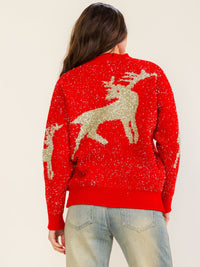 WOMEN'S LONG SLEEVE HOLIDAY PRINT SHIMMER PULLOVER SWEATER