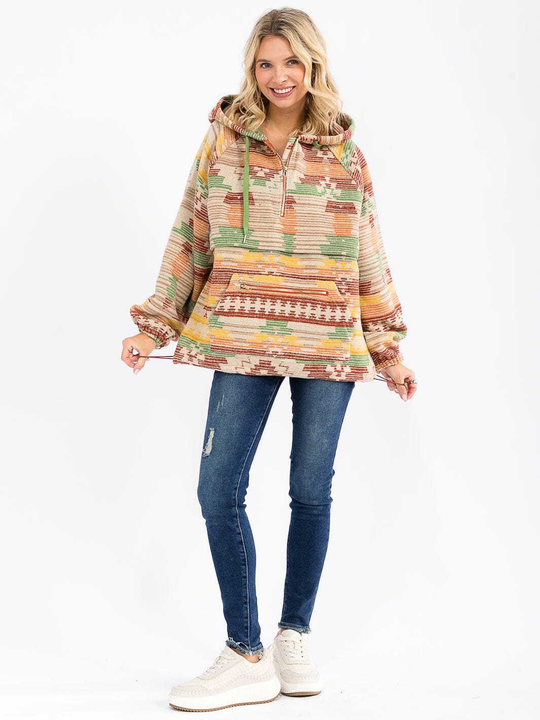 WOMEN'S LONG SLEEVE ZIP UP FRONT POCKETS MULTI PRINT HOODED PULLOVER SWEATER