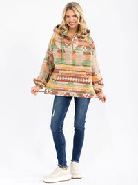 WOMEN'S LONG SLEEVE ZIP UP FRONT POCKETS MULTI PRINT HOODED PULLOVER SWEATER