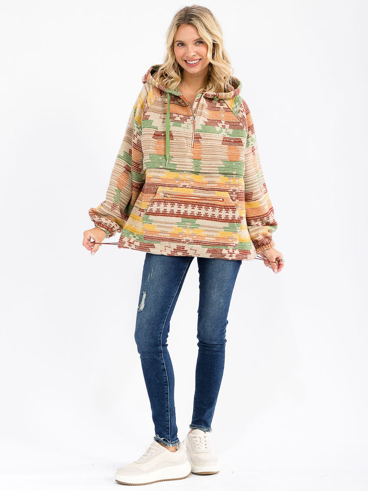 WOMEN'S LONG SLEEVE ZIP UP FRONT POCKETS MULTI PRINT HOODED PULLOVER SWEATER