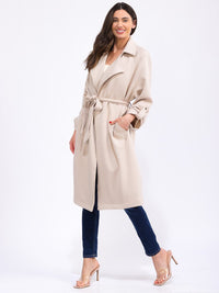 WOMEN'S LONG SLEEVE SELF TIE FRONT POCKETS COAT