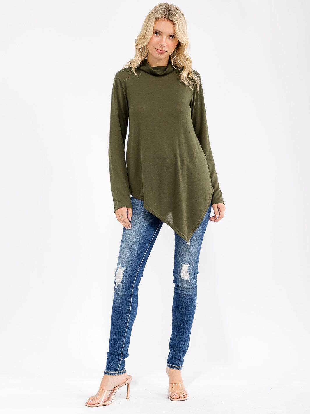 WOMEN'S LONG SLEEVE TURTLE NECK HIGH-LOW TOP