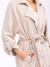 WOMEN'S LONG SLEEVE SELF TIE FRONT POCKETS COAT