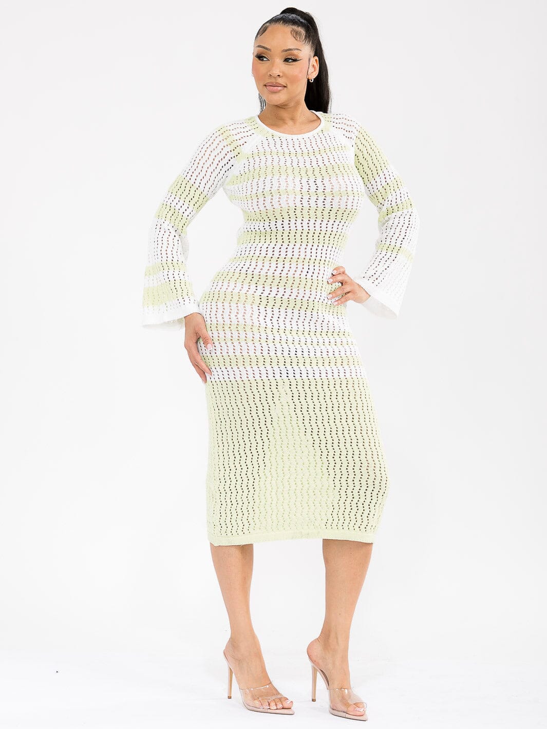 WOMEN'S LONG BELL SLEEVE OPEN BACK KNIT BODYCON MIDI DRESS