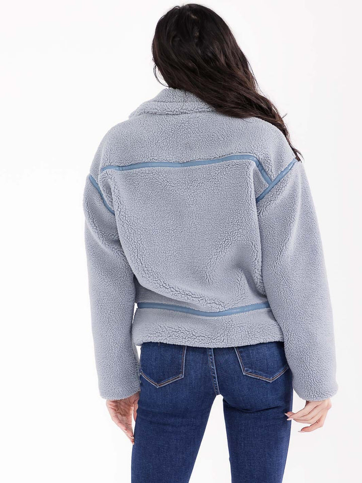 WOMEN'S LONG SLEEVE BUTTON CLOSURE FRONT POCKETS SHERPA JACKET