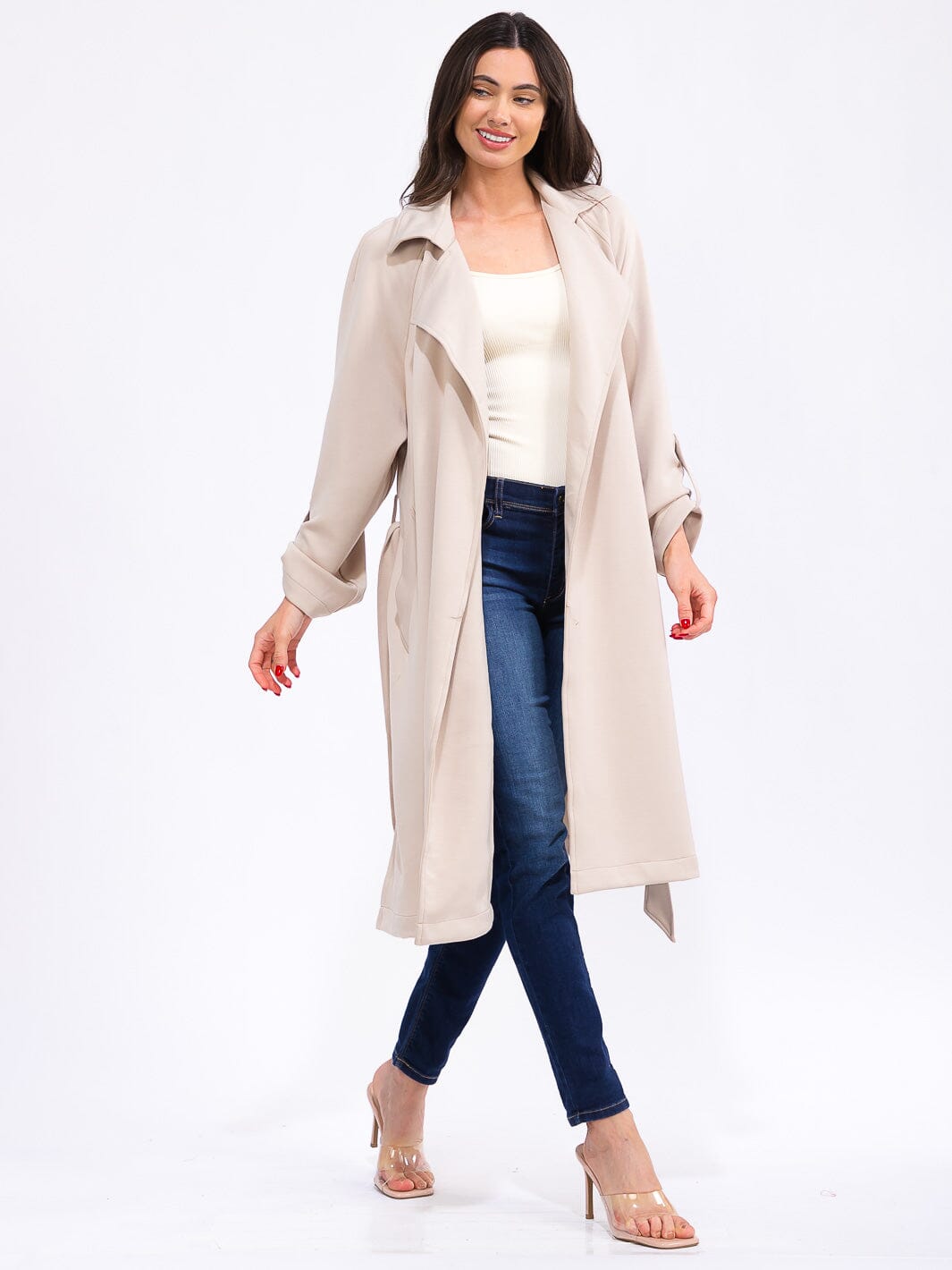 WOMEN'S LONG SLEEVE SELF TIE FRONT POCKETS COAT