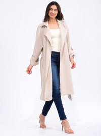 WOMEN'S LONG SLEEVE SELF TIE FRONT POCKETS COAT