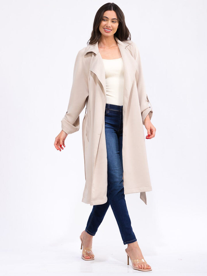 WOMEN'S LONG SLEEVE SELF TIE FRONT POCKETS COAT