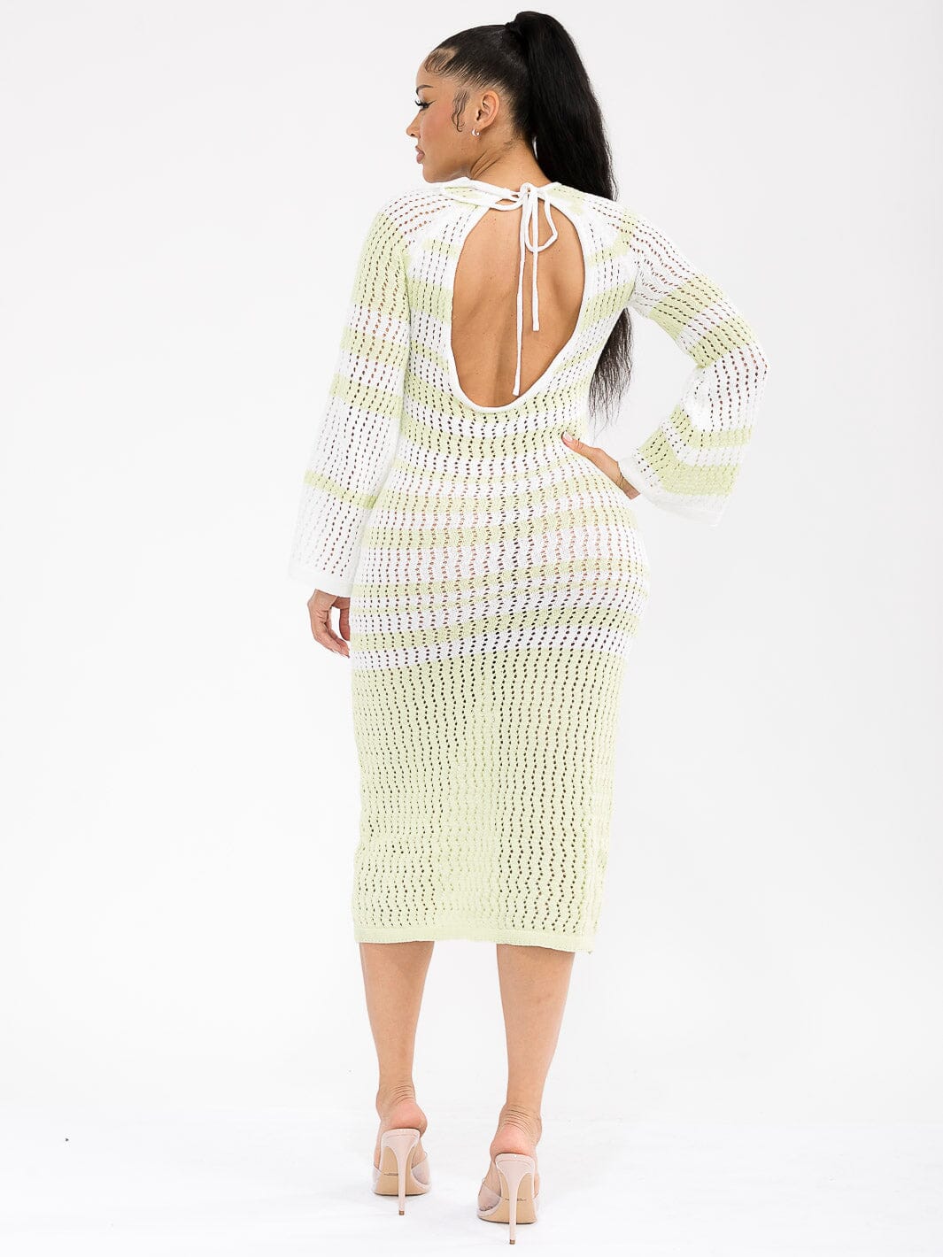 WOMEN'S LONG BELL SLEEVE OPEN BACK KNIT BODYCON MIDI DRESS