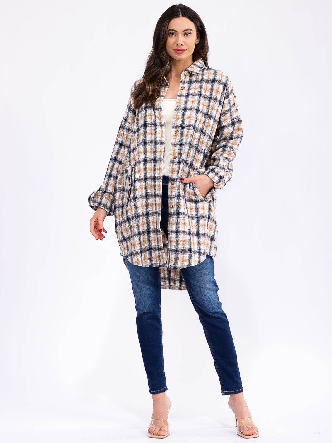 WOMEN'S LONG SLEEVE BUTTON UP POCKETS PLAID COAT
