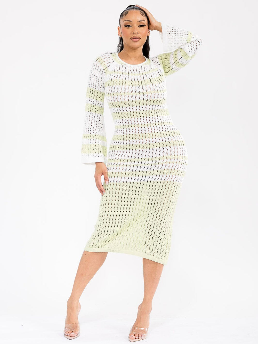 WOMEN'S LONG BELL SLEEVE OPEN BACK KNIT BODYCON MIDI DRESS