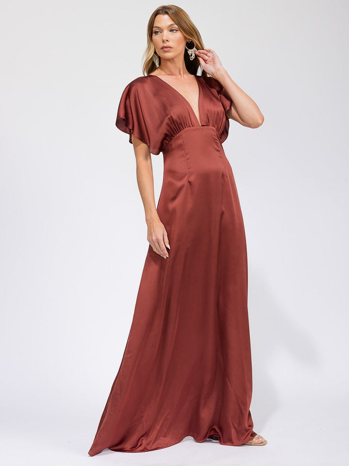 WOMEN'S SHORT SLEEVE V-NECK BACK CUT OUT MAXI GOWN DRESS