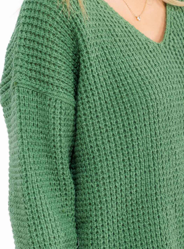 WOMEN'S LONG SLEEVE V-NECK KNIT OVERSIZED PULLOVER SWEATER
