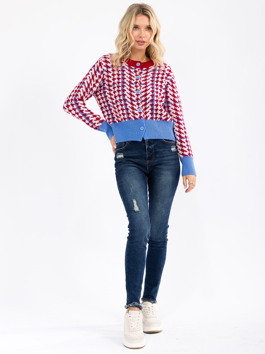 WOMEN'S LONG SLEEVE BUTTON UP COLORBLOCK SWEATER